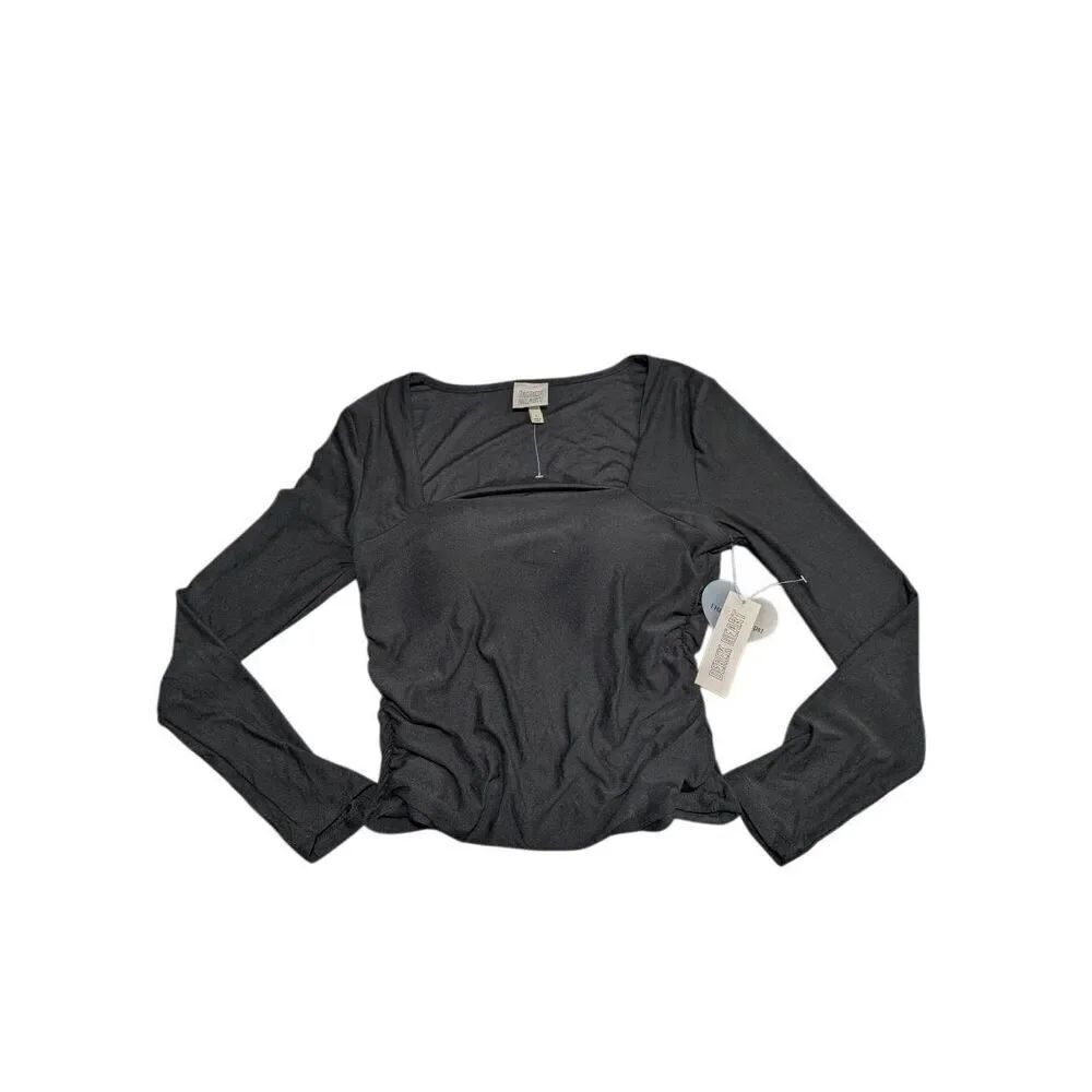 NWT Derek Heart Black Long Sleeve Square Neck Top with Ruching and Cutout Design